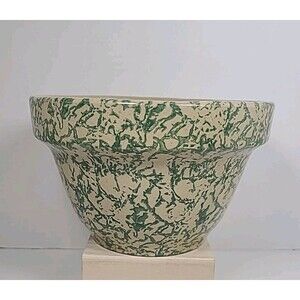 VTG Roseville RRP Green & Tan Spongeware 7" Bowl Ohio USA 70s